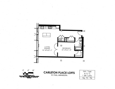 Floor plan for 1 bed, 1 bath, 820 sqft